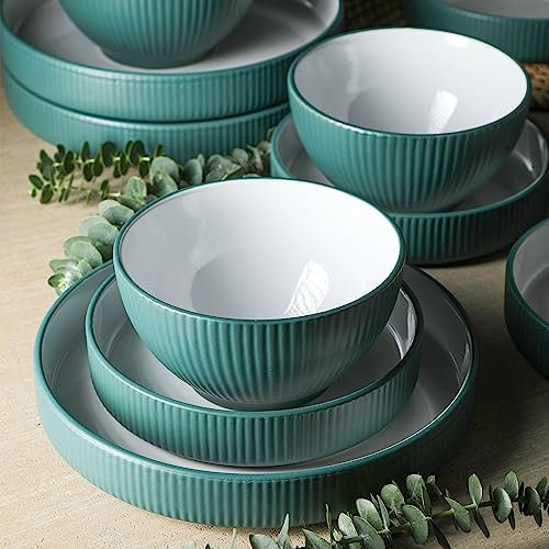 Christian Siriano Larosso Geschirrset aus Steingut, 12-teilig, mit Speiseteller und Pastaschalen, Tellern und Schüsseln, Geschirrset für 4 Personen, Grün
