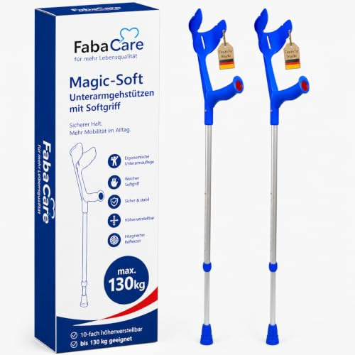 FabaCare Krücke mit Softgriff Magic-Soft, 2 Stück Unterarmgehstützen mit Softgrip, Gehhilfe höhenverstellbar, leichte Gehstütze, Unterarmkrücke bis 130 kg, Blau