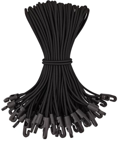 Bungee Cords with Hooks 50 Pcs - 10 Inch Elastic Bungee Ropes with Hooks - Short Tarpaulin Hooks - Small Bungee Rope (Black)