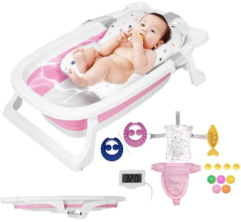 Sinbide Baby Badewanne, Faltbare Babybadewanne mit integriertem Thermometer& Kisse, Baby Bathtub, Rutschfest & tragbar, Geschenk für Neugeborene (rosa)