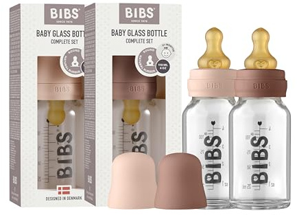 BIBS Baby Glass Bottle. Lot de 2. Anti-colique. Embout rond en latex de caoutchouc naturel. Favorise l’allaitement naturel, Complete Set - 110 ml (Pack of 2), Blush/Woodchuck