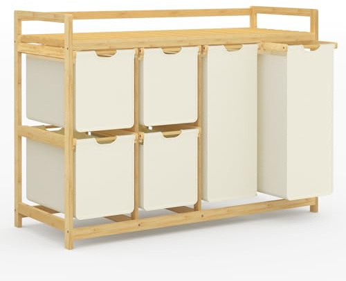 Tvättkorg 6 Fack, Stor Tvättkorg 200L Med Korg Tvättsorterare Med 2 Tvättpåsar Och 4 Tyglådor Tvättkorg Bambu Tvätthylla För Badrum, Sovrum, Beige