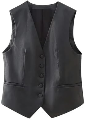 KWTF Women Fashion Front Button Faux Leather Waistcoat Vintage V Neck Sleeveless Female Outerwear Chic Vest Tops