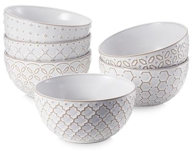 DOWAN Cuencos de Desayuno, Φ11.5 cm Cuenco de Postres Pequeño, 300 ml Cuenco de Cereal de Gres con Relieve, Juego de 6 Cuencos para Servir para Helado, Aperitivos, Fruta, Regalo | Antiguo Blanco