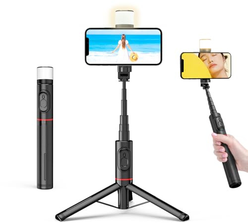 Moman Q12S - Treppiede per selfie stick, 77 cm, in alluminio, portatile, per cellulare, selfie stick per smartphone, All in 1