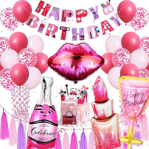 Spa Geburtstagsdeko Frau Luftballons, Übernachtungsparty Mädchen Deko | Lippenstift und Weinflaschen Folienballons, rosarote Ballons, Happy Birthday Girlande
