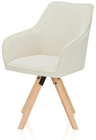 KHG Esszimmerstuhl drehbar, Drehstuhl mit Armlehnen Cord Beige, Stuhlbeine Holz Esche, Küchenstuhl, Polsterstuhl, Essstuhl, Armlehnstuhl, für Esszimmer Küche Büro