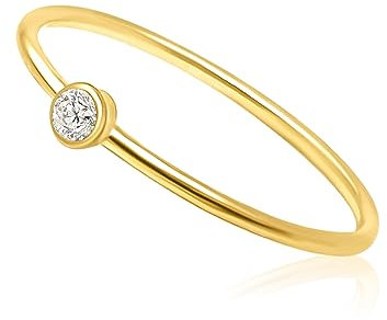 Mary & Jules Ring Gold Damen aus echtem 925 Sterling Silber mit Zirkon Stein, Vorsteckring, vergoldet, schlichter, feiner Damenring, Verlobungsring, Eheringe Gold, aus recyceltem Silber, Größe 50
