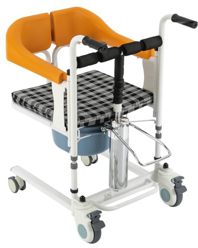 5 in 1 Patientenlift, Toilettenstuhl mit Rollen für Senioren, Dusch Toilettenstuhl, Duschstuhl mit Toiletteneimer & Fußstütze, Nachtstuhl für Erwachsene Orange, Höhenverstellbar, 120kg Tragfähigkeit