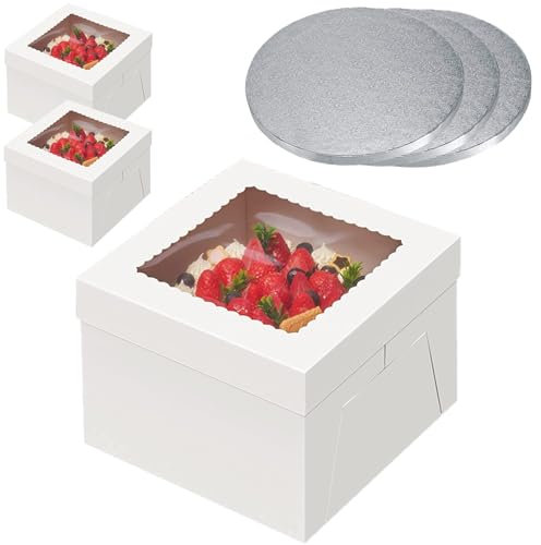 POFFYA Cake Boards and Boxes 10 inch, 3 Sets White Cake box Cover with Round Cake Drum Board Silver, Cake Transport Carrier, 10x10x8 inch