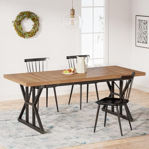Tribesigns Farmhouse Dining Table for 6 People, 70.8-Inch Rectangular Wood Dining Table, Rustic Kitchen Table with Heavy Duty Metal Legs for Dining Room (Light Brown, 70.8 Inch)