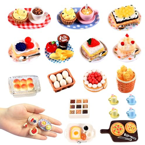 60 Stücke Puppenhaus Zubehör, Miniatur Lebensmittel Set mit Essen und Trinken, Mini Küche Kleine Puppenzubehör für Geschenk
