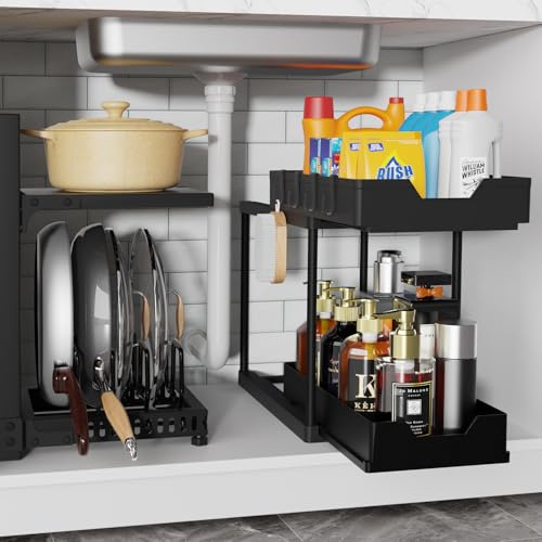 PLAPITATE 2 Pack Pots and Pans Organizer Under Cabinet & Multi-Purpose Pull-Out Storage Sink Organizers for Bathroom & Kitchen, Thin Pans, Baking Trays, Lids and Cutting Boards, Space-Saving Storage