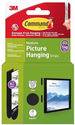 Command Tiras adhesivas para colgar cuadros, medianas, 6 pares (12 tiras) color negro, para fotos, marcos, espejos, decoración de pared, colgar sin daños