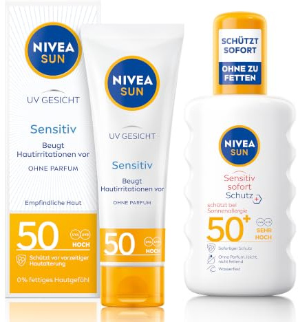 NIVEA SUN Sensitiv Set mit Sonnenschutz für das Gesicht & Spray mit LSF 50, parfümfreie Gesichtscreme beruhigt Hautirritationen, wasserfestes Sonnenspray für empfindliche Haut