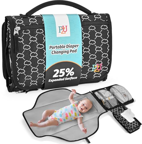 Wickelunterlage Unterwegs - Tragbare Wickelauflage für Baby mit Wischtasche, wasserdicht und leicht zu reinigen, Schwarz