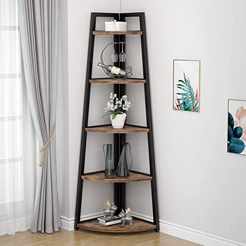 Tall Corner Shelf Storage,ladder shelf, 180 cm hög hörnhylla med 5 våningar, mörkbrun, stor, 1,5 cm spånskiva, metallram(Ark Brown)