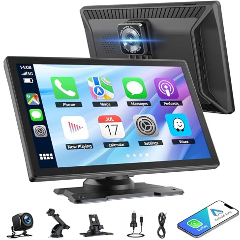 Carplay Display för trådlös CarPlay & Android Auto,9 tum bil uppspelningsskärm, IPS bilskärm, bärbar bilradio pekskärm med spegellänk, röststyrning, GPS, Bluetooth, AUX, FM
