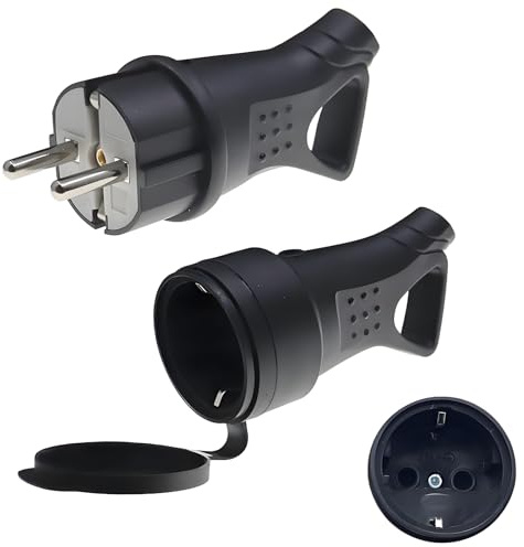 Leloco 2 Stück Schuko Stecker & Kupplung Set, Schutzkontaktstecker, IP54 Stecker Aussen Wasserdicht, 250V 16A Schukostecker für Steckerinstallation im Außen- und Innenbereich