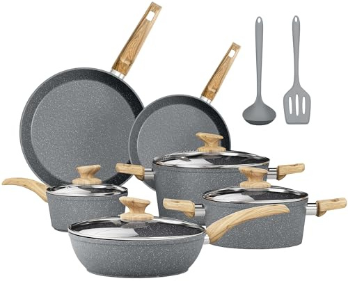 DishDelight 12pcs Induction Hob Pots and Pans Sets Non Stick Granite Kitchen Cookware Set Cooking Pot Saucepan Set with Lids Frying Pan(Grey)