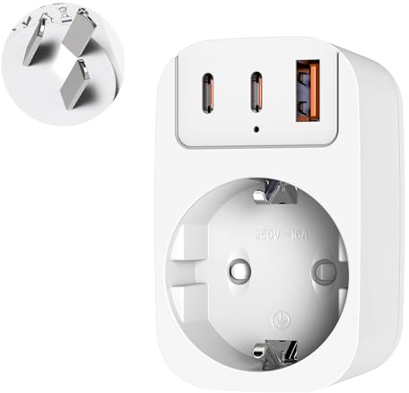 THUNIX Adapter Australien Deutschland, 4 IN 1 Reiseadapter China Deutschland Stecker mit 2 USB-C & 1 A(3A), Steckeradapter Australien mit USB C, Reisestecker Type I für Neuseeland,Argentinien Fidschi