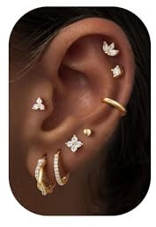 Turandoss Set di 8 paia di orecchini da donna, ipoallergenici, placcati in oro 14 carati, piccoli orecchini a cerchio medici, helix, piercing per orecchio, zirconia cubica, sfera/quadrifoglio