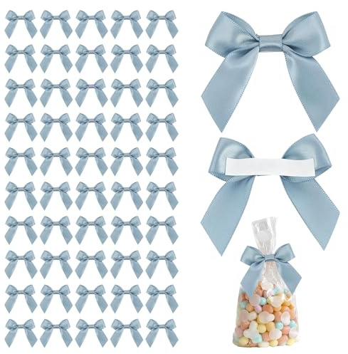 Schleife Deko Geschenkschleifen Selbstklebend 50 Stück Mini Satinband Schleifen,Vorgebundene Schleife mit Doppelseitigem Klebeband für Geschenkverpackungen, Hochzeitsdekorationen(Schmutziges Blau)
