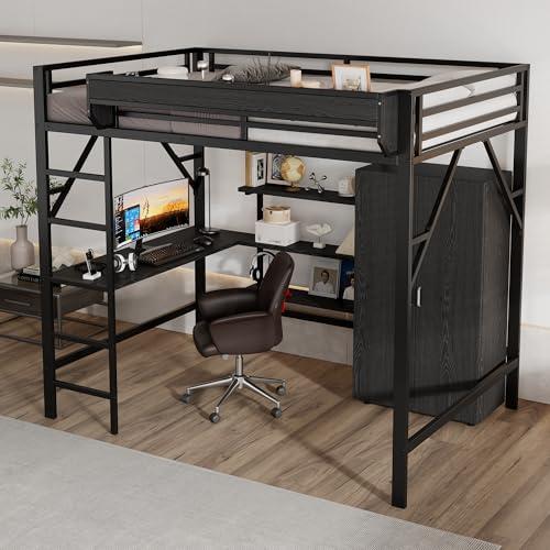 VIEKOS Cama de hierro, cama alta de dos pisos, espacio de almacenamiento debajo del escritorio, cama superior con espacio de almacenamiento, con armario, hierro + MDF, negro, 140 x 200 cm