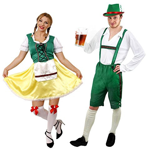 Couples Bavarian Costume - Beer Man Green Lederhosen with traditional White shirt and Hat - Coordinating Ladies Bavarian Beer Girl with Stockings Fancy Dress - Mens Large & Womens Medium