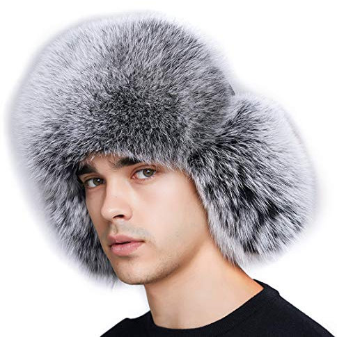 BeFur Flaumige Pilotenmütze Echte Fuchs Waschbär Fell Trappermütze mit Ohrenklappe Fliegermütze L blau frost