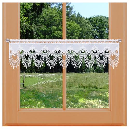 Feenhaus-Scheibengardine Nastja aus Vogtländischer Spitze - Landhaus-Scheibenhänger mit Fächerspitze weiß | klassische Spitzengardine handgefertigt | rustikal-moderne Bistro-Gardine HxB 20 x 119 cm