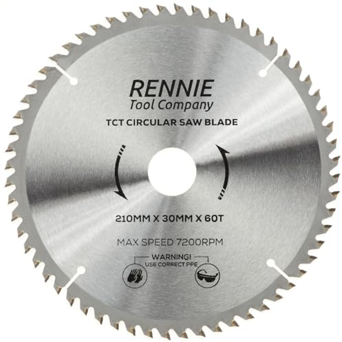 Rennie Tools - 210mm x 30mm x 60T TCT Circular Wood Saw Blade Includes 25mm 20mm & 16mm Bore Reduction Rings. Compatible with Festool Bosch Makita Dewalt Circular Saw Etc, Fits 216mm circular saws.