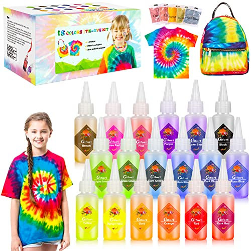 Gifort Batikfarben Set, 18 Färben Tie Dye Kit, 36 Packungen Textilfarbe Pulver Waschmaschinenfest, Batik Set DIY Kleidung Graffiti Dye Set für Erwachsene Kinder DIY Projekte und Partyaktivitäten