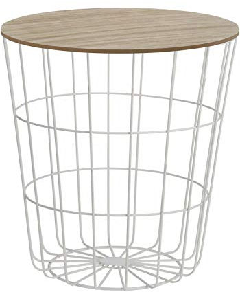 Design Beistelltisch weiß Holz Tisch Couchtisch Sofatisch Metall Korb
