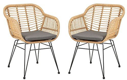 Lot de 2 chaises de jardin PARAMO en imitation rotin, fauteuil d'extérieur pour terrasse ou balcon en polyrattan résistant aux UV et 4 pieds en métal anti-rouille laqué noir, coussin d'assise gris