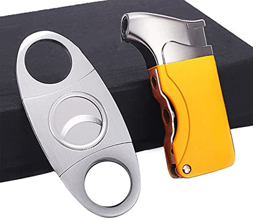 HB1 Fashion Cigar Lighter Cutter 2pcs/Set Torch Jet Flame Windproof Lighter Double Stainless Steel Sharp Cigar Knife With Nice Gift Box,Yellow