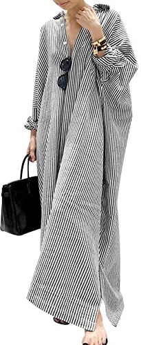 chouyatou Women's Casual Long Sleeve Button Down Loose Striped Cotton Maxi Shirt Dress (Medium, Black)