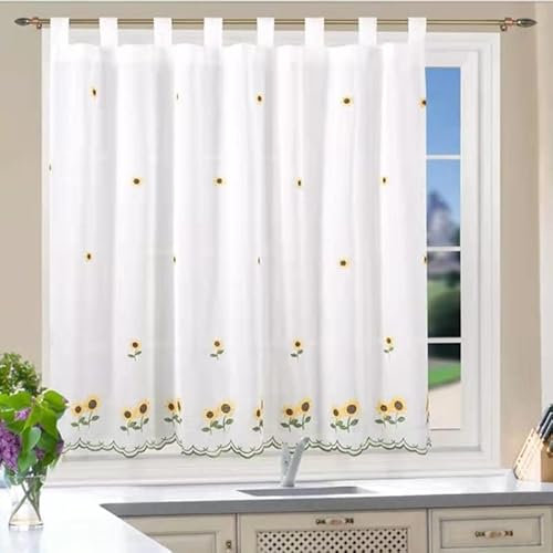 Cortinas cortas para Ventanas De Cocina Translucidas 150X120Cm Cortina de cocina translúcida con bordado, cortina de altura media para cocina, comedor, marco de puerta, patrón bordado. (Girasol)