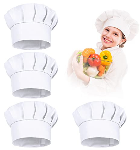 Cappello da cuoco per bambini, 4 pezzi, con chiusura in velcro, 3 – 10 pezzi, per cucinare, per la casa, la cucina, la scuola e il ristorante (bianco)
