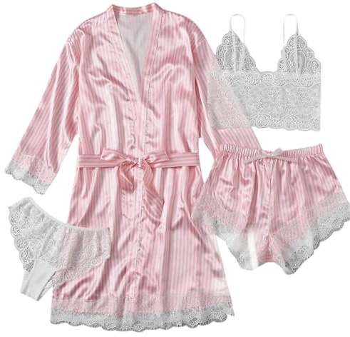 AudMsier Pijama De Satén De Cuatro Piezas para Mujer, Ropa Interior De Encaje, Bata Corta con Cinturón, Ropa De Seda (Rayas Rosas y Blancas, S)