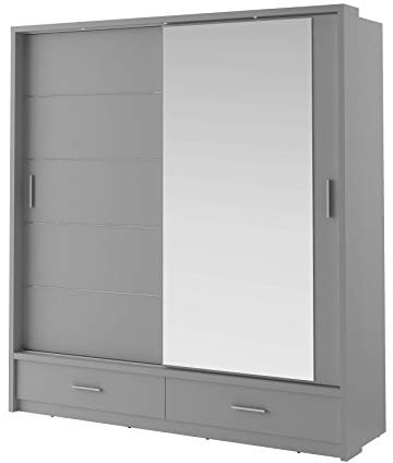 MINIO go for it - Armoire à Portes coulissantes ERTA 5, 200 cm, Armoire Deux Portes avec Miroir et Deux tiroirs, Couleur : Gris Mat