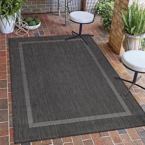 Carpetsale24 Outdoor Teppich Wetterfest 280x370 cm Schwarz Bordüre Design Flachgewebe Waschbar XXL Extra Groß für Wohnzimmer Esszimmer Terrasse Garten