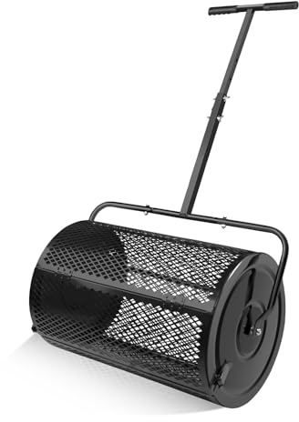 Maylaviu 24 Inch Compost Spreader & Peat Moss Spreader - Roller Lawn Spreader - Top Soil, Manure, Mulch, Top Dressing Spreader - Lawn and Garden Spreader - Metal Mesh Basket Compost Spreader for Lawn