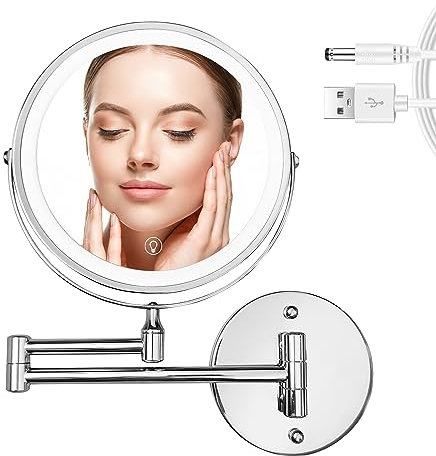 WITFAMILY Wiederaufladbar Kosmetikspiegel mit 1X/10X Vergrößerung LED Beleuchtung, Dimmbarer Rasierspiegel 3 Farben, Touchscreen, 360° Drehbar Wandmontage für Badezimmer und Hotel (Silber)