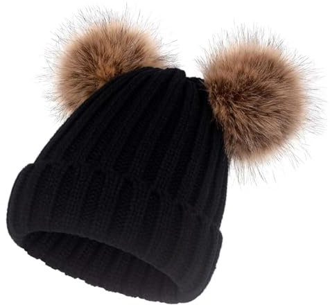 SERENYOU Damen Strickmützen Winter Bommelmütze mit Zwei Kunstpelz Bommel Schwarz