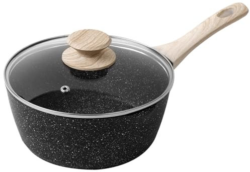Rainberg Saucepan with Lid, Nonstick Milk Pan Suitable with Induction, Gas and Electric Hobs, Cooking Pot with Pour Spout. (Black, 16cm)