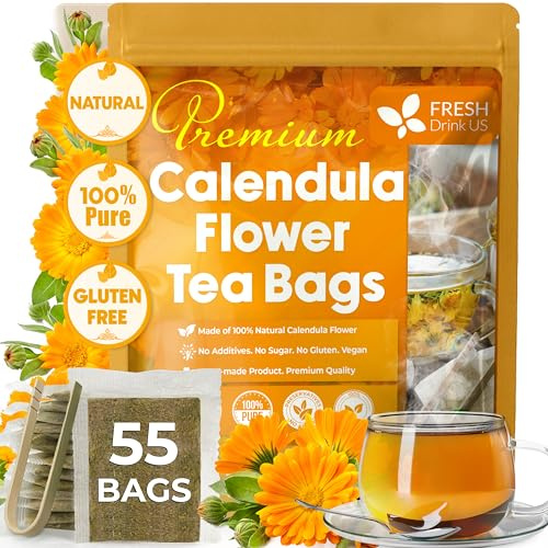 FreshDrinkUS, Premium 55 Calendula Tea Bags, 100% Natural and Pure Calendula Flowers, Eco-conscious Tea Bags. Herbal Tea. No Sugar, No Caffeine, No Gluten, Vegan.