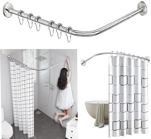 AUBWIG duschdraperi med L-formad utdragbar rostfri stålskena, badrum, badkar, duschhörn, duschdraperi, stång, ingen borrning, för badrumsklädesaffär (90–130 cm x 90–130 cm)