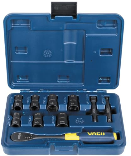 VACO VAC4102 - Juego de 10 llaves de vaso de impacto 2 en 1 con funda, adaptadores, trinquete, 6 enchufes, 12 tamaños SAE y métricos para unidad de 1/4 pulgadas