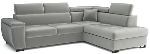 MEBLE-LUX - Ecksofa mit Schlaffunktion und Bettkasten Nicole` 270x202x96cm (BxTxH) I Sofa L Form mit Verstellbare Kopfstützen I Eckcouch mit Schlaffunktion I Federkern I Sofa Hellgrau, Rechts